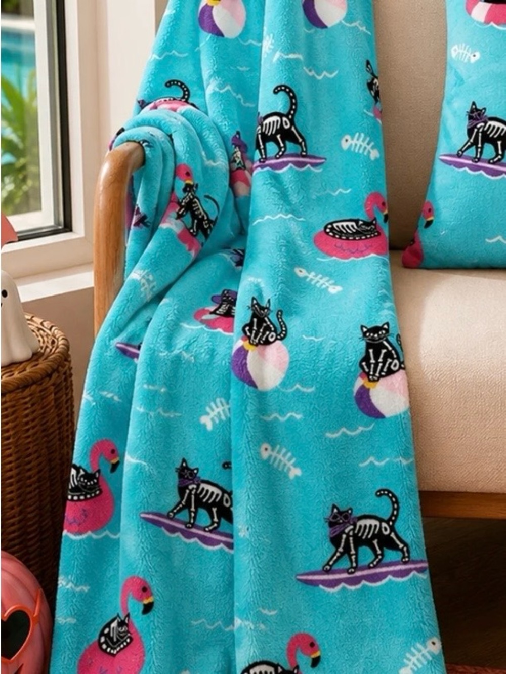 Summerween Blue Skeleton Cats Flamingos Ocean Vibes Plush Throw 50x60